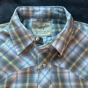 Mens Wrangler Gray Plaid Pearl Snap Short Sleeve Shirt Large Sharktooth